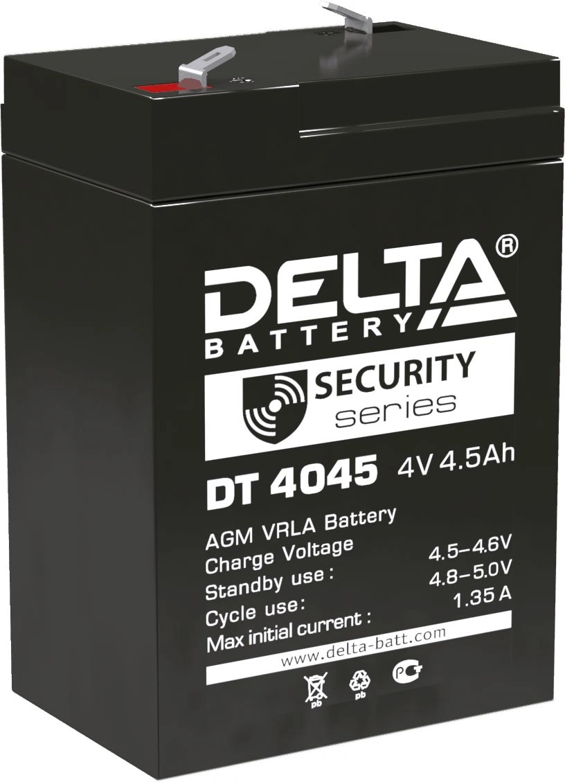 Батарея DELTA серия DT, DT 4045, напряжение 4В, емкость 4.5Ач (разряд 20 часов), макс. ток разряда (5 сек.) 60А, макс. ток заряда 1.35А, свинцово-кислотная типа AGM, клеммы F1, ДxШxВ 70х47х101мм., вес 0.5кг., срок службы 5 лет./ Battery DELTA series DT, D