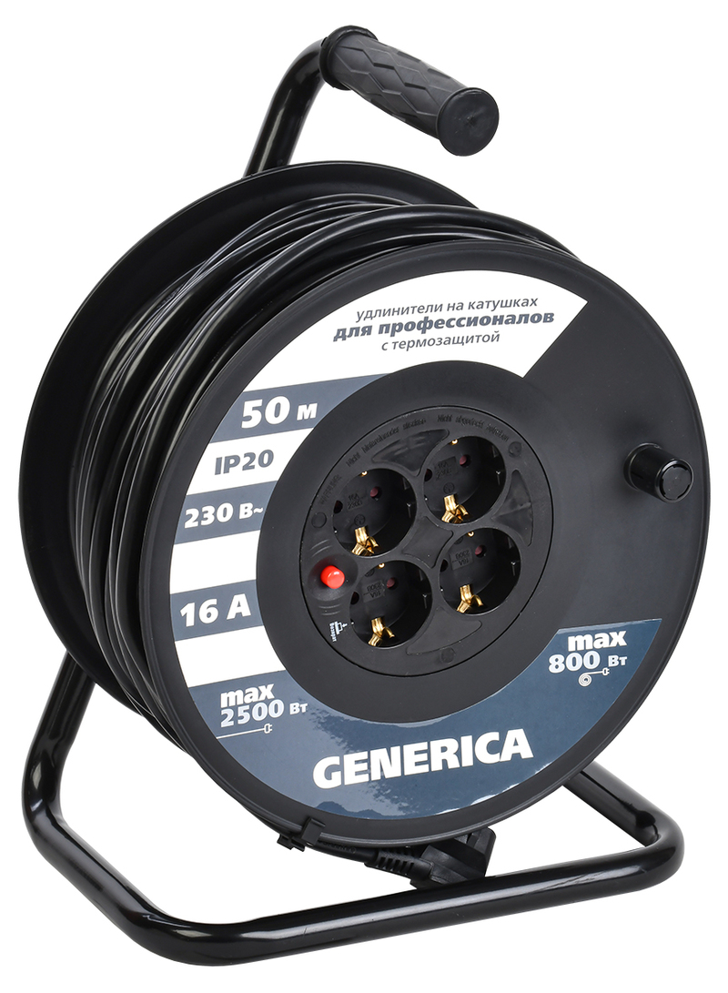 Удлинитель силовой IEK GENERICA УК50 (WKP20-16-04-50-G) 3x1.5кв.мм 4розет. 50м ПВС 16A катушка