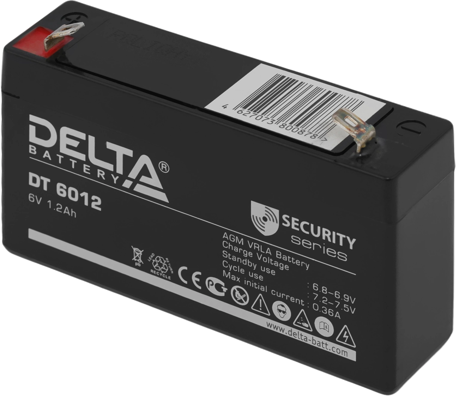 Батарея DELTA серия DT, DT 6012, напряжение 6В, емкость 1.2Ач (разряд 20 часов), макс. ток разряда (5 сек.) 16.2А, макс. ток заряда 0.36А, свинцово-кислотная типа AGM, клеммы F1, ДxШxВ 97х24х51мм., вес 0.29кг., срок службы 5 лет./ Battery DELTA series DT,