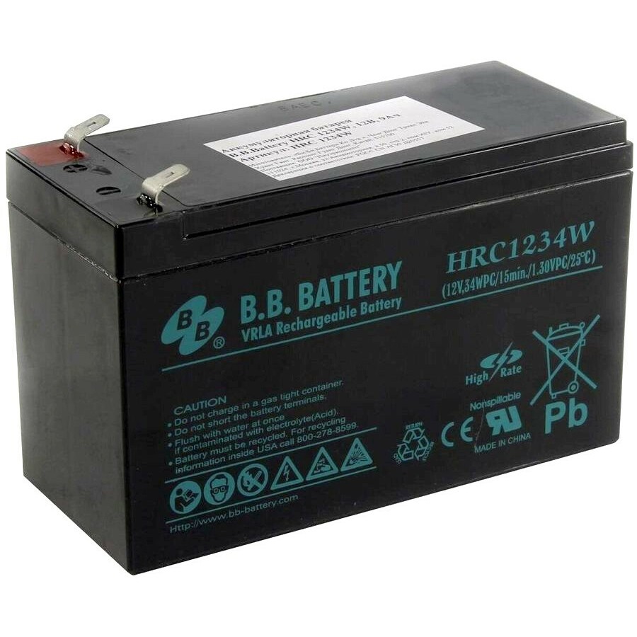 Батарея B.B. Battery серия HR, HR1234W, напряжение 12В, емкость 9Ач (разряд 20 часов), емкость 7Ач (разряд 10 часов), макс. ток разряда (5 сек.) 105А, макс. ток заряда 2.1A, свинцово-кислотная типа AGM, клеммы Т2, ДxШxВ 151x65x100мм., вес 2.5кг., срок слу