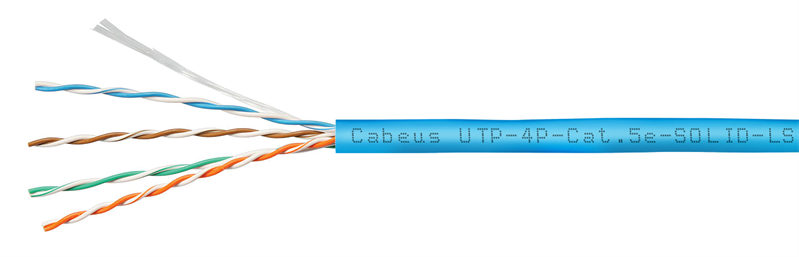 Кабель витая пара Cabeus UTP-4P-Cat.5e-SOLID-LSZH-BL-100 Кабель витая пара UTP (U/UTP), категория 5e, 4 пары (24 AWG), одножильный, синий, LSZH, нг(А)-HF, (100 м)