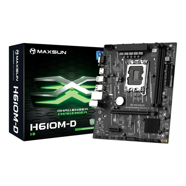 maxsun MS-Challenger H610M-D Материнская плата , LGA 1700, Intel H610, 2xDDR4, 3xSATA, 1xM.2, 1xPCIe 4.0 x16, 1xPCIe x1, 1xHDMI, 1xVGA, 1x 1Gb LAN, 2xUSB 3.2 Gen 1, 4xUSB 2.0, 3x3.5 мм, 5.1, mATX