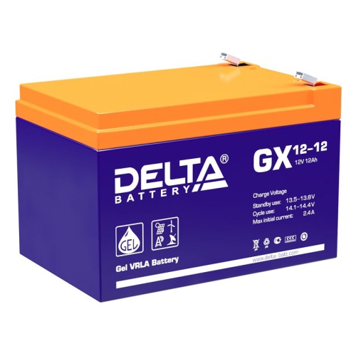 Батарея DELTA серия GX, GX 12-12, напряжение 12В, емкость 12Ач (разряд 20 часов), макс. ток разряда (5 сек.) 180А, макс. ток заряда 2.3А, свинцово-кислотная типа GEL, клеммы F2, ДxШxВ 151х98х95мм., вес 3.67кг., срок службы 15 лет./ Battery DELTA series GX