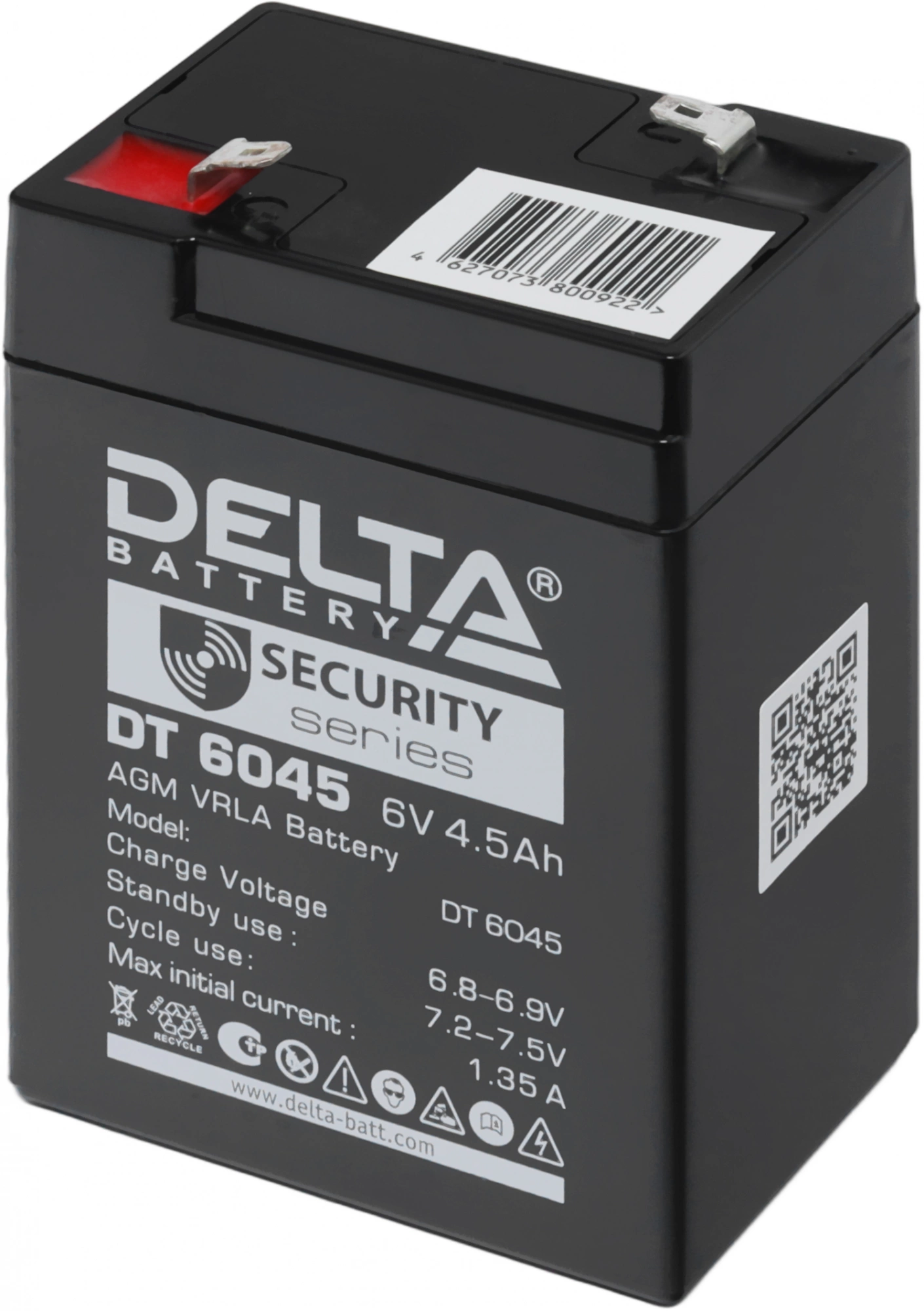 Батарея DELTA серия DT, DT 6045, напряжение 6В, емкость 4.5Ач (разряд 20 часов), макс. ток разряда (5 сек.) 70А, макс. ток заряда 1.35А, свинцово-кислотная типа AGM, клеммы F1, ДxШxВ 70х47х100мм., вес 0.75кг., срок службы 5 лет./ Battery DELTA series DT, 