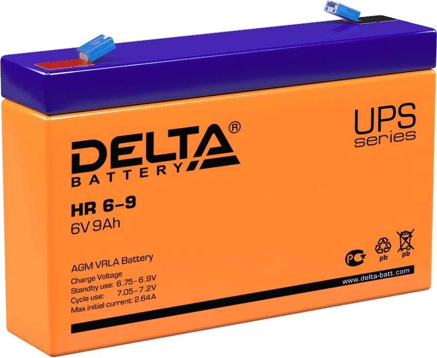 Батарея DELTA серия HR, HR 6-9, напряжение 6В, емкость 9Ач (разряд 20 часов), макс. ток разряда (5 сек.) 135А, макс. ток заряда 2.55А, свинцово-кислотная типа AGM, клеммы F1, ДxШxВ 151х34х94мм., вес 1.37кг., срок службы 8 лет./ Battery DELTA series HR, HR