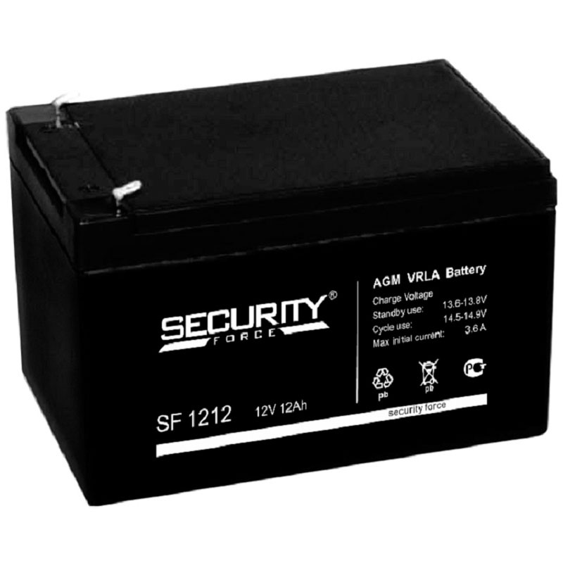 Батарея SECURITY FORCE серия SF, SF 1212, напряжение 12В, емкость 1.2Ач (разряд 20 часов), макс. ток разряда (5 сек.) 16.2А, макс. ток заряда 3.6А, свинцово-кислотная типа AGM, клеммы F2, ДxШxВ 151х98х95мм., вес кг., срок службы 3-5 лет./ Battery SECURITY